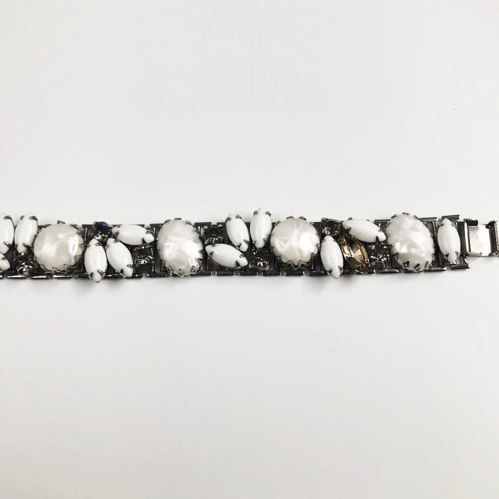 White rhinestone wide bracelet, accent silver mesh bracelet large fancy crystal